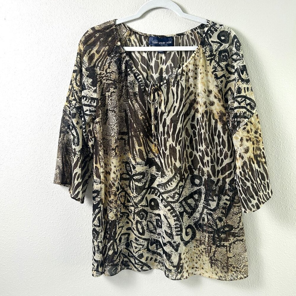 Susan Graver Tunic‎ Top Womens Size M Brown Tan Chiffon Animal Print Metallic